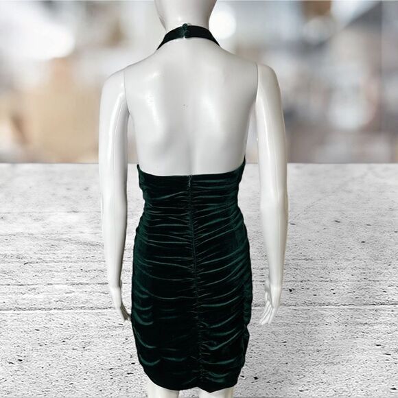 Aidan Mattox Green Velvet Halter Neck Short Plunging Neck Dress - Picture 7 of 11